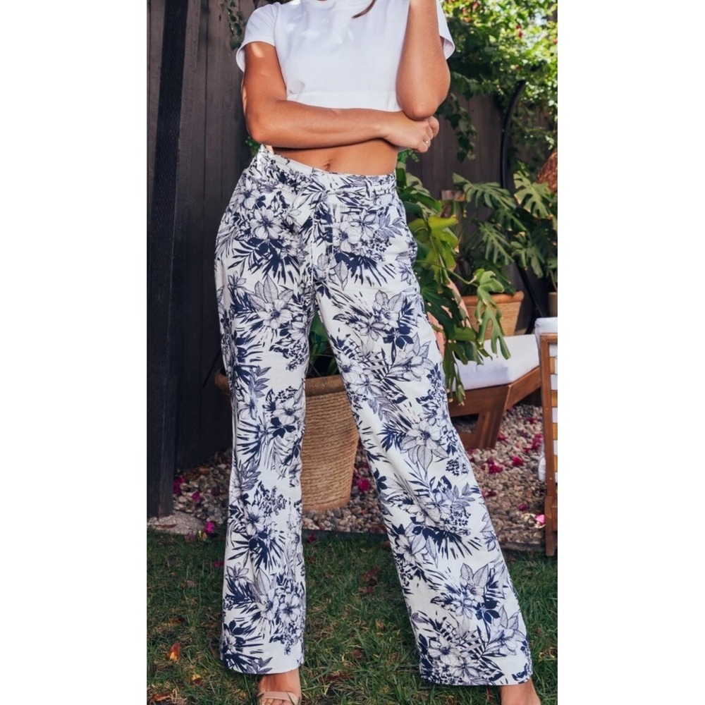 Beau Dawson Womens Linen Blend Tropical Floral Print Pants Beachy Coastal Navy S